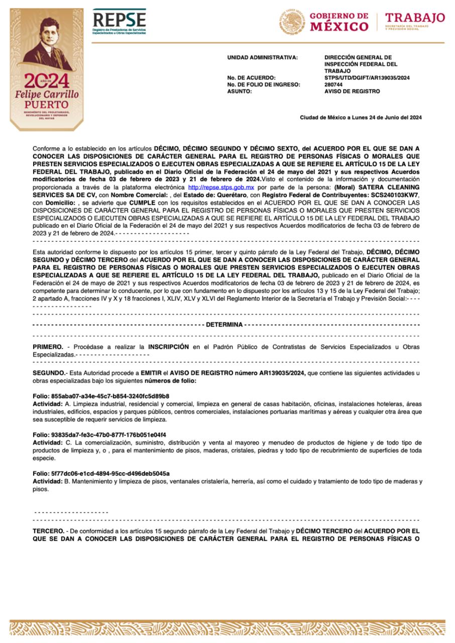 Aviso de registro REPSE número AR139035/2024, folio de ingreso 280744, a nombre de Satera Cleaning Services SA de CV, emitido por la Dirección General de Inspección Federal del Trabajo el 24 de junio de 2024